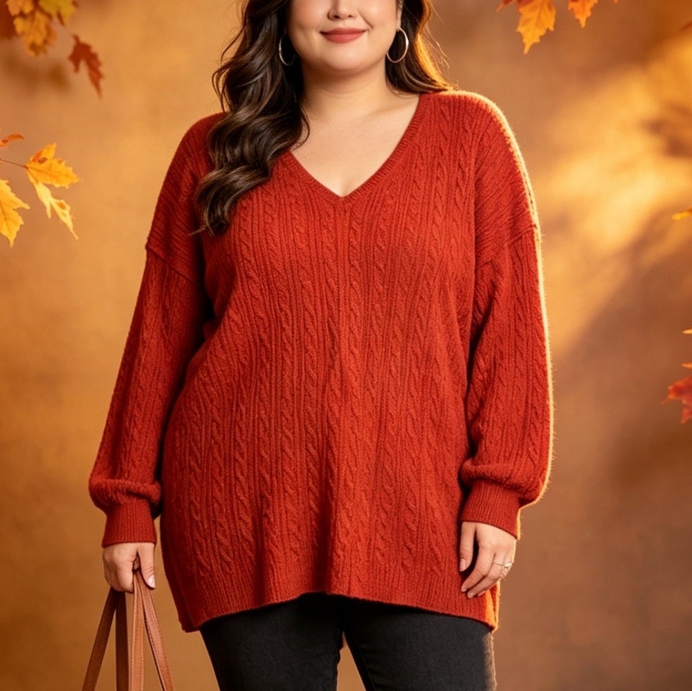 Wynne Layers Red Cable Knit V-Neck Sweater Size 2X Cozy Oversized Pullover